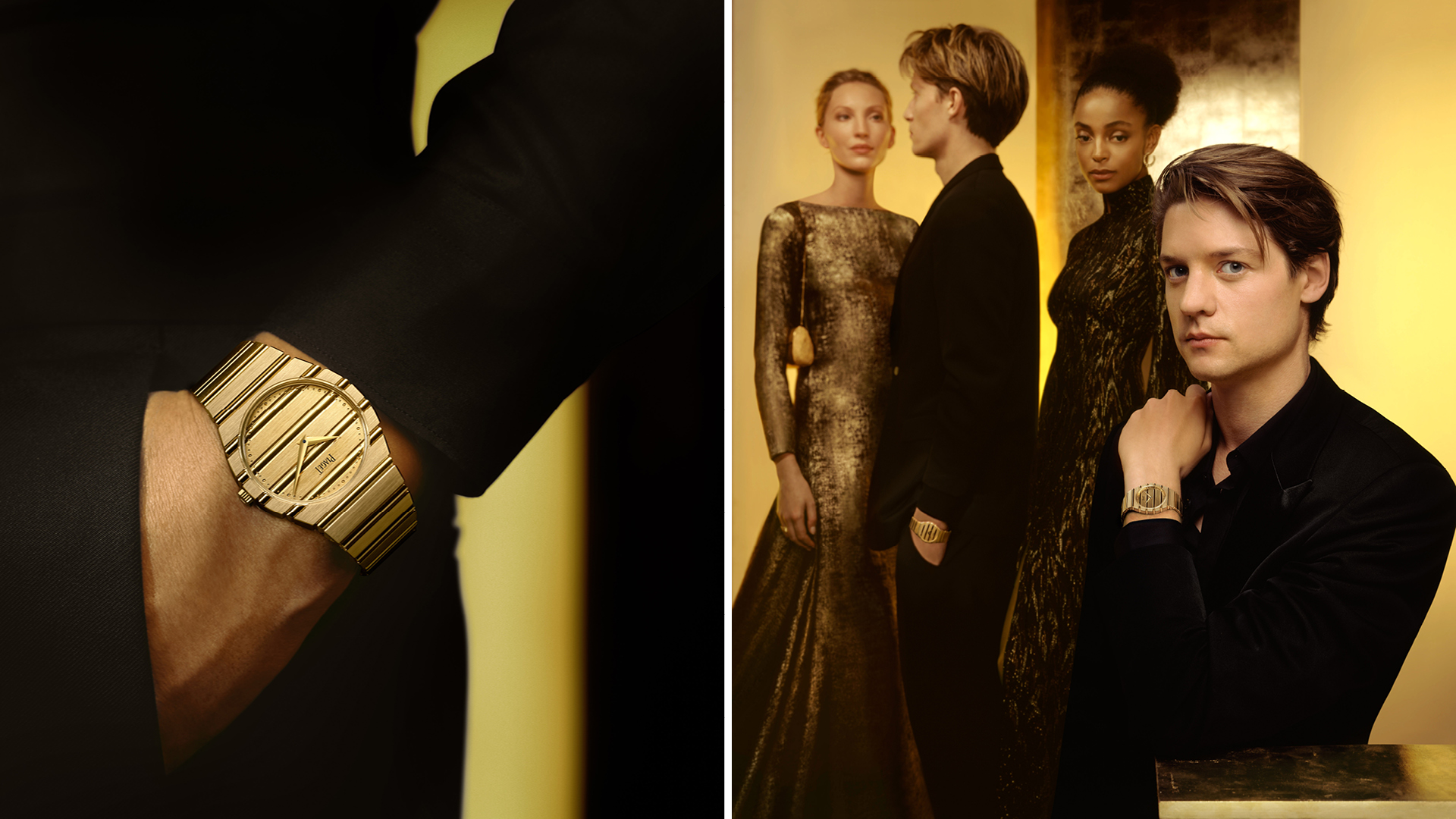 A close up of a golden watch in the left frame and man with a golden watch sitting on the right