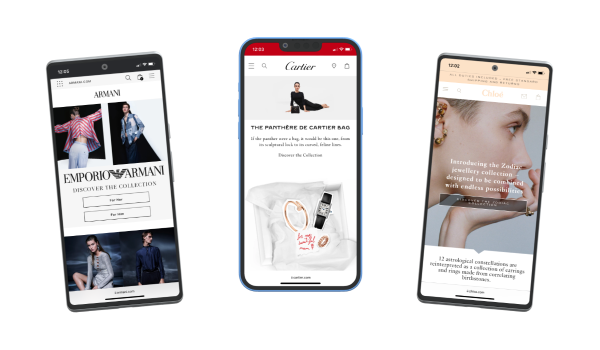 Three mobile phones, each showing a different website homepage managed by the Online Flagship Stores