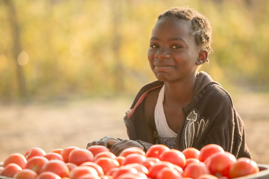 An African girl peeking the fruits and smiling