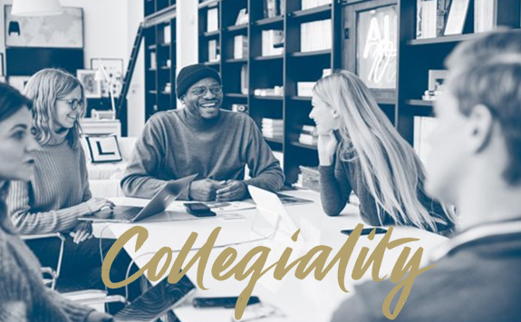 Image of a group of people smiling and sitting together at a table with an overlay text "collegiality"