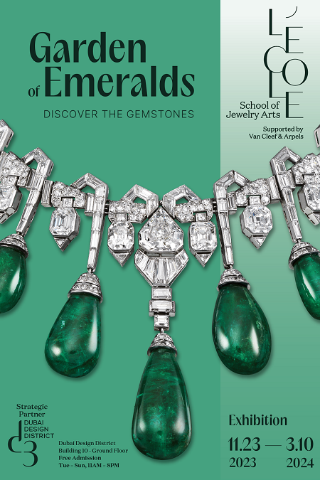 Garden of Emeralds banner with a necklace encrusted with diamonds and emeralds